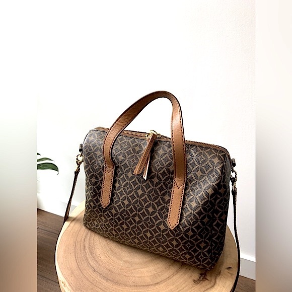 ๐ฅณHP LUXE Sydney Signature Satchel Dark Brown Print Leather Duffle Bag by Fossil - Picture 10 of 16